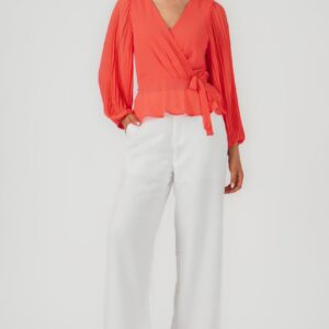 Faux wrap Peplum Blouse with Pleated Accordion Sleeves